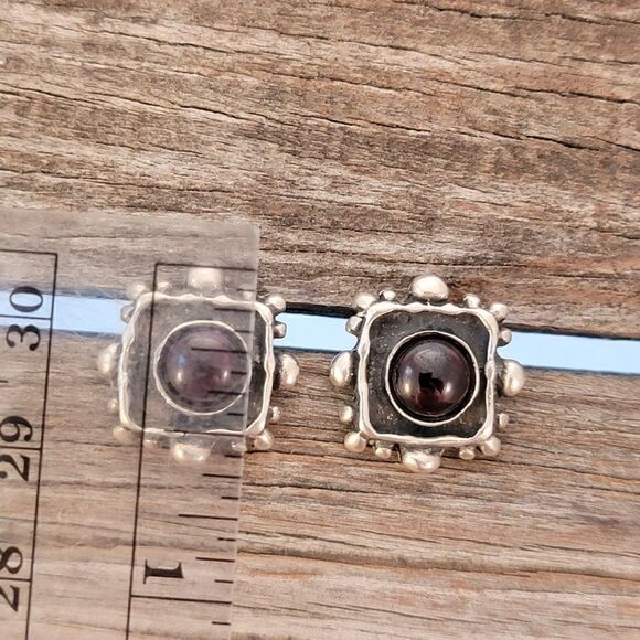 Vintage Sterling Square Beaded Edge Red Cab Post Earrings - Picture 6 of 6